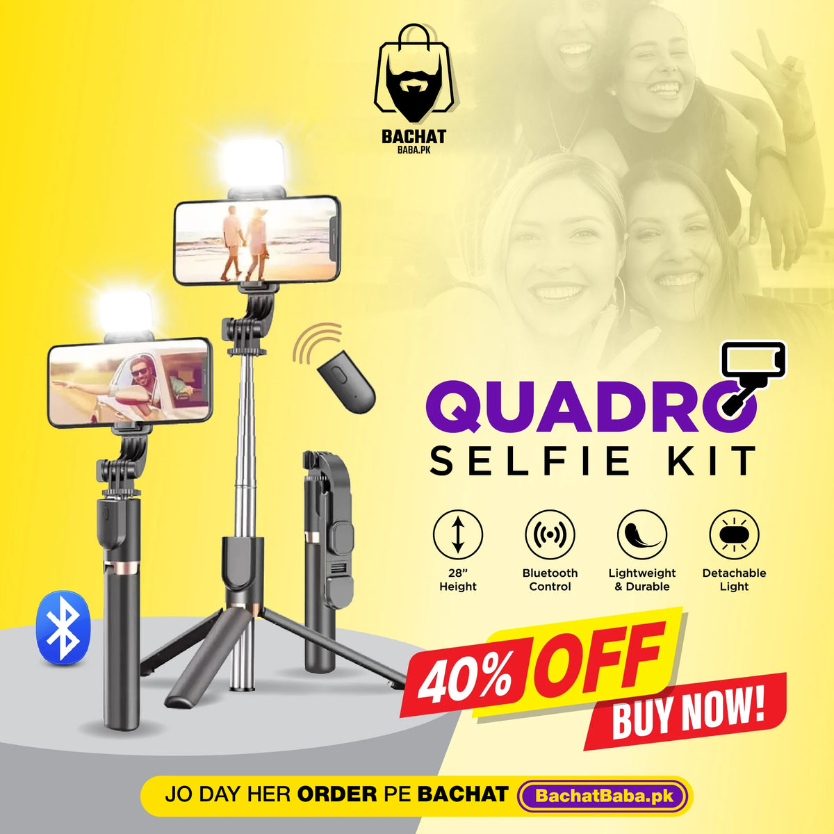 4 in 1 Selfie Stick With Bluetooth Remote Button